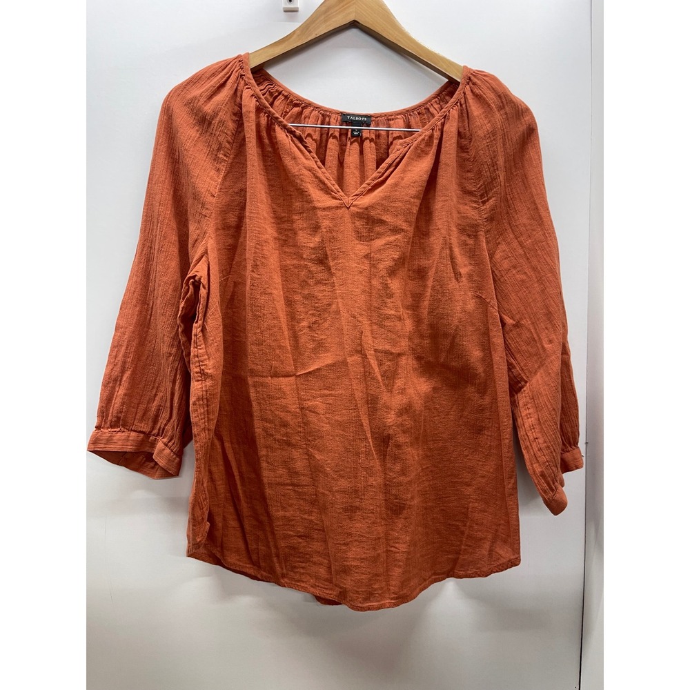 Talbots Women Large Burnt Orange Gauze V-Neck 3/4 Sleeve Blouse Terracotta Top